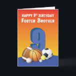 Tarjeta Bolas de Deportes Foster Brother 9Cumpleaños<br><div class="desc">Saluda feliz 9° cumpleaños a tu hermano adoptivo y comparte un mensaje divertido para él en este día con esta tarjeta de colores con una colección de pelotas en la parte delantera.</div>
