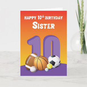 Tarjeta Bolas deportivas de cumpleaños 10 de la hermana