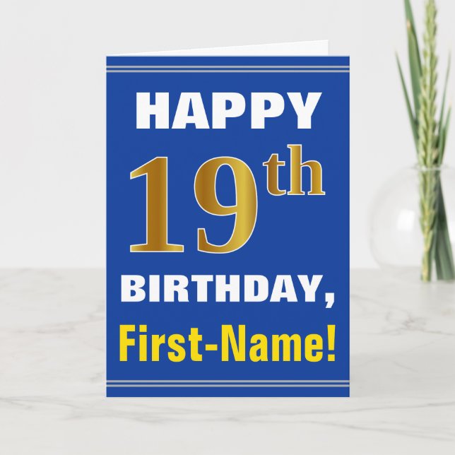 Tarjeta Bold, Blue, Faux Gold 19th Birthday w/ Name Card (Anverso)