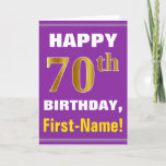 Tarjeta Bold, Purple, Faux Gold 70th Birthday w/ Name Card<br><div class="desc">This simple birthday-themed greeting card design features a warm birthday wish like "HAPPY 70th BIRTHDAY, First-Name!" on the front, in bold text on a purple colored background. The birthday number has a faux/imitation gold-like coloring look. The name on the front can be personalized. The inside features a birthday message that...</div>