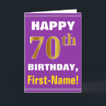 Tarjeta Bold, Purple, Faux Gold 70th Birthday w/ Name Card<br><div class="desc">This simple birthday-themed greeting card design features a warm birthday wish like "HAPPY 70th BIRTHDAY, First-Name!" on the front, in bold text on a purple colored background. The birthday number has a faux/imitation gold-like coloring look. The name on the front can be personalized. The inside features a birthday message that...</div>