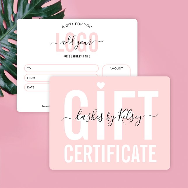 Tarjeta Boletín de regalo de Salón de belleza con logotipo (Fully editable feminine blush pink business gift certificate design with space for your logo)