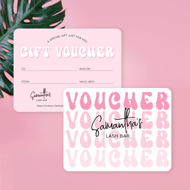 Tarjeta Bolsa de belleza de moda Retro Pink Groovy (Trendy pink and white gift voucher cards with retro fonts and space for your logo and details)