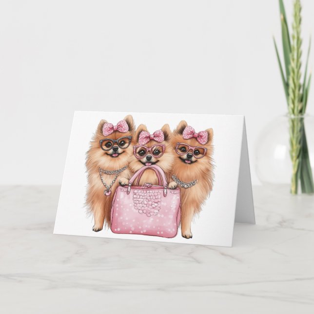 Tarjeta Bolsa rosa de Perros Pomeranos de moda (Anverso)