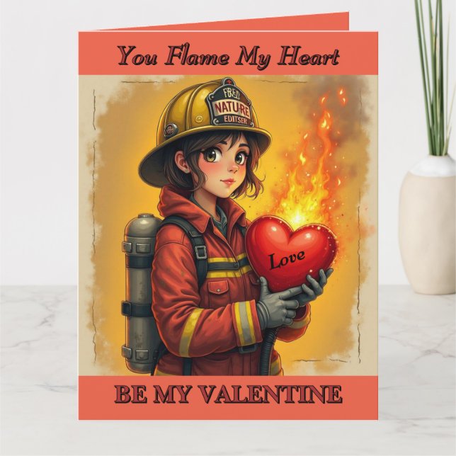 Tarjeta Bombera Femenina Enciendes Mi Corazón San Valentín (Anverso)