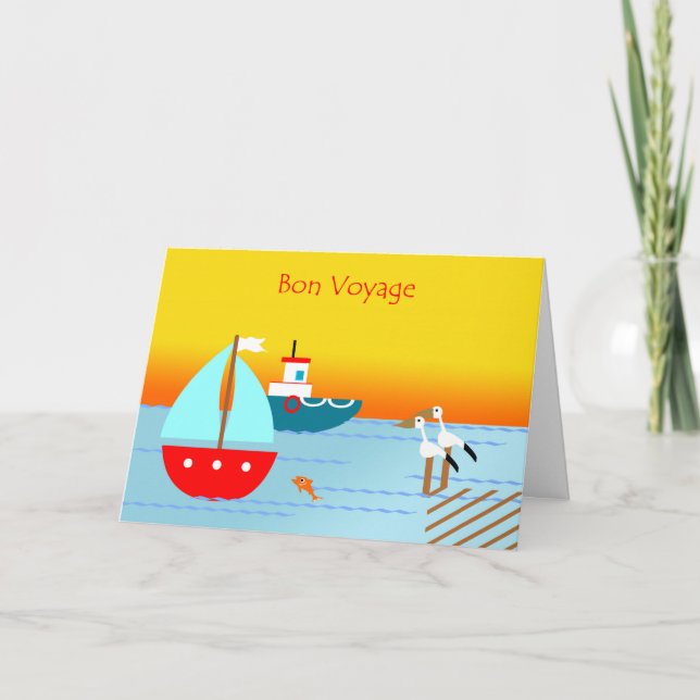 Tarjeta Bon Voyage, Pelicans, Boats and Sunset (Anverso)