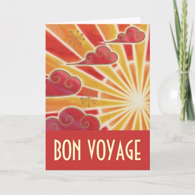 Tarjeta "Bon Voyage" roja al atardecer (Anverso)