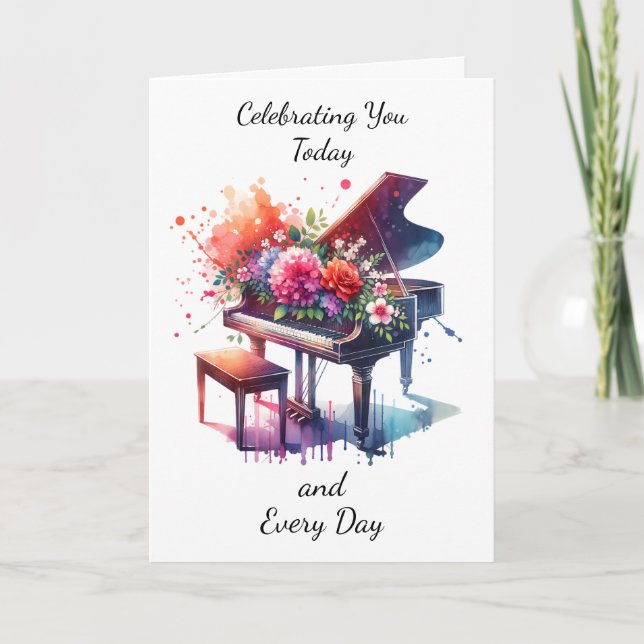 Tarjeta Bonito acuarela Piano y Flores Cumpleaños (Anverso)