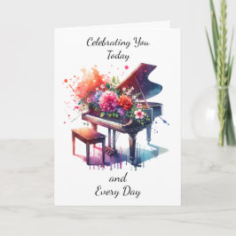 Tarjeta Bonito acuarela Piano y Flores Cumpleaños