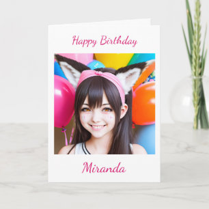 Tarjeta Bonito Anime Chica en zorro orejas Globos Cumpleañ