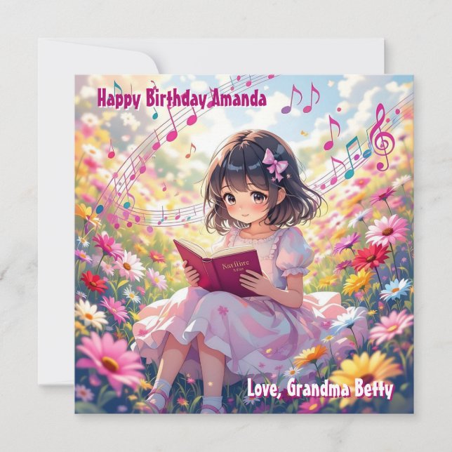 Tarjeta Bonito Anime Chica Reading | Cumpleaños de la pági (Anverso)