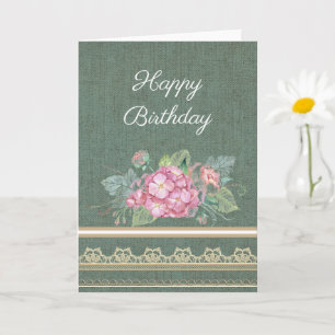 Tarjeta Bonito Burlap Lace y flor rosa Cumpleaños