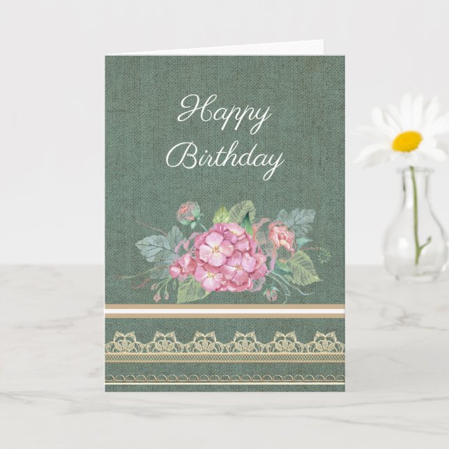 Tarjeta Bonito Burlap Lace y flor rosa Cumpleaños (Planta pequeña)