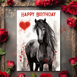 Tarjeta Bonito Caballo Negro y Corazón Feliz cumpleaños