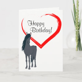 Tarjeta Bonito Caballo Negro y Corazón Rojo Feliz Cumpleañ