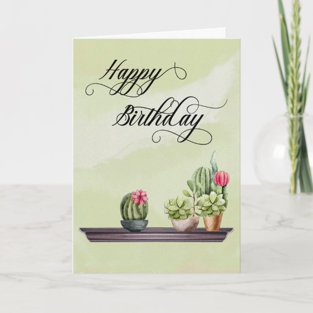 Tarjeta Bonito Cactus Plantas Potadas Cumpleaños Suculento (Anverso)