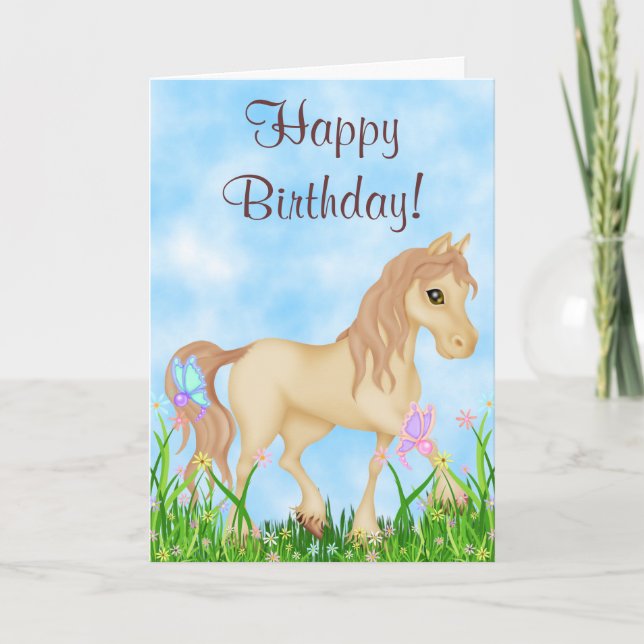 Tarjeta Bonito Cream Horse and Butterflies Feliz cumpleaño (Anverso)