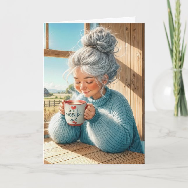Tarjeta Bonito de cumpleaños anciana que bebe café (Anverso)