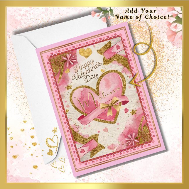 Tarjeta Bonito de nombres personalizados Día de San Valent (Express your love on Valentine's Day! Gorgeous pink & gold heart card to surprise your loved one!)