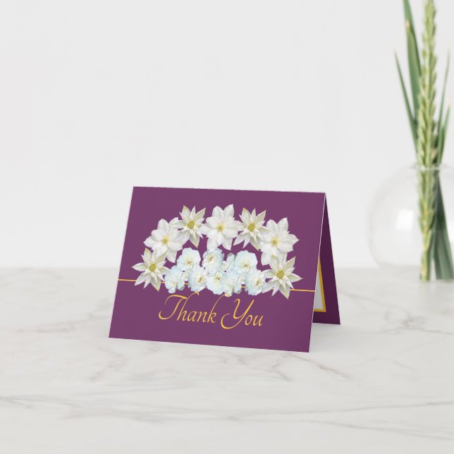 Tarjeta Bonito de oro morado Flores blancas Bouquet Gracia (Anverso)