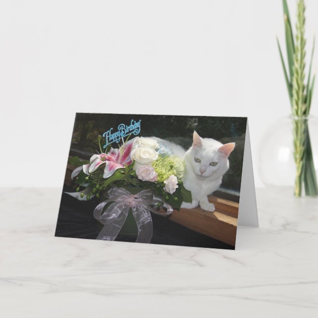 Tarjeta Bonito de personalizable Gato/Flores Cumpleaños (Anverso)