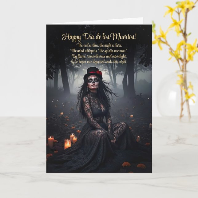 Tarjeta Bonito del Día de los Muertos Mujer Cráneo de azúc (flor amarilla)