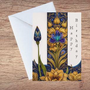 Tarjeta Bonito Flor Azul Art Deco Ilustracion Cumpleaños
