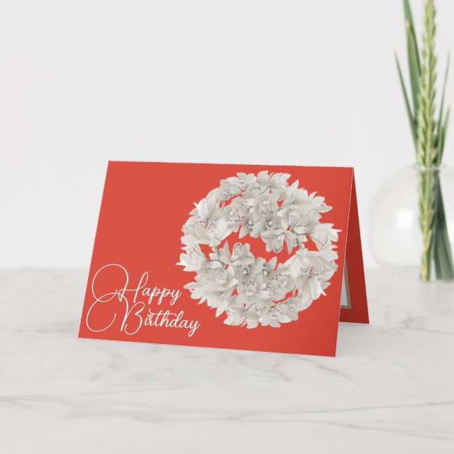 Tarjeta Bonito Flor Orquídea Blanca Garland Cumpleaños (Anverso)