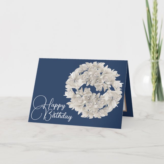 Tarjeta Bonito Flor Orquídea Blanca Garland Cumpleaños (Anverso)