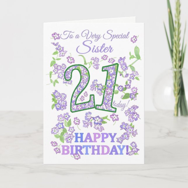 Tarjeta Bonito Floral 21º Cumpleaños Hermana Muy Especial (Anverso)