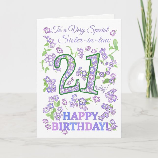 Tarjeta Bonito Floral 21 cumpleaños, cuñada especial (Anverso)