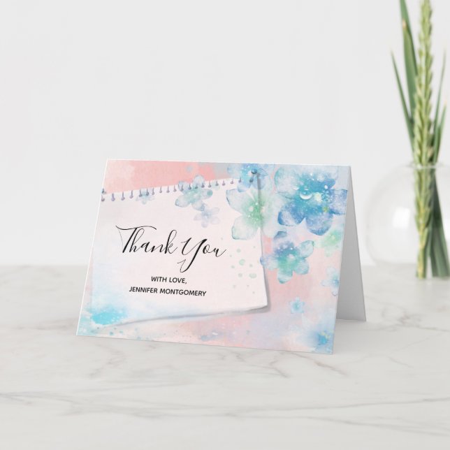 Tarjeta Bonito Flores azules en fondo rosado Gracias (Anverso)