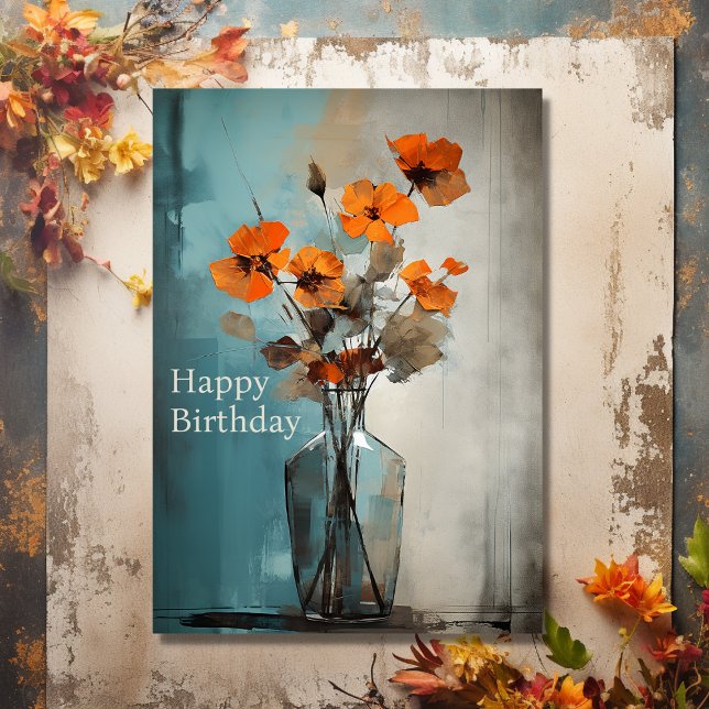 Tarjeta Bonito Flores modernas y Feliz cumpleaños (Front - Pretty Modern Flowers and Vase Happy Birthday Card)