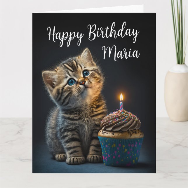 Tarjeta Bonito Gatito Deseando Feliz Cumpleaños, Personali (Anverso)