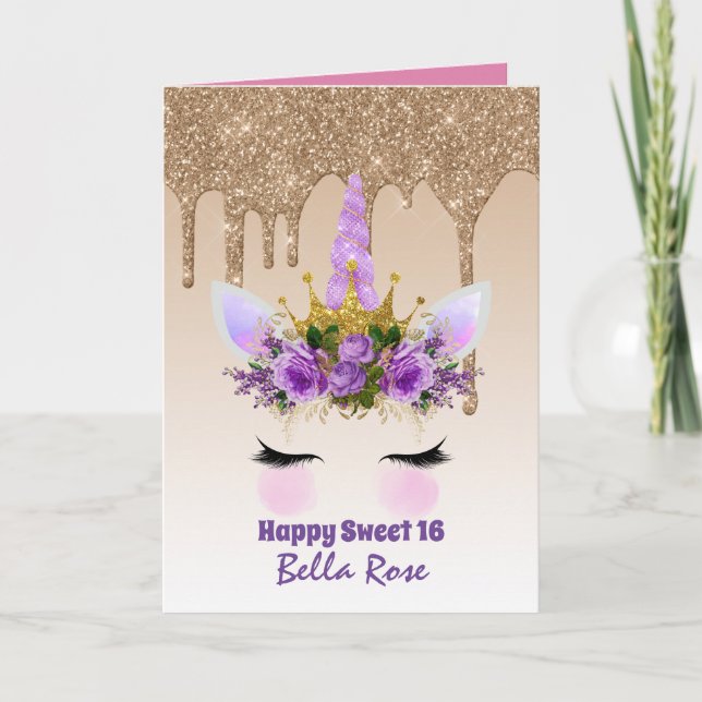 Tarjeta Bonito Girly Sweet16 Glam Purpurina Unicorn Cara (Anverso)