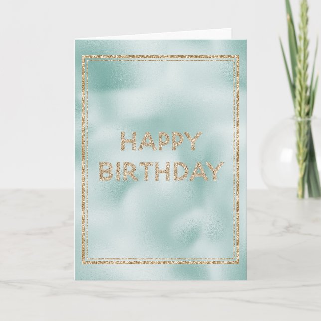 Tarjeta Bonito Glam Mint Green Gold Purpurina Cumpleaños (Anverso)