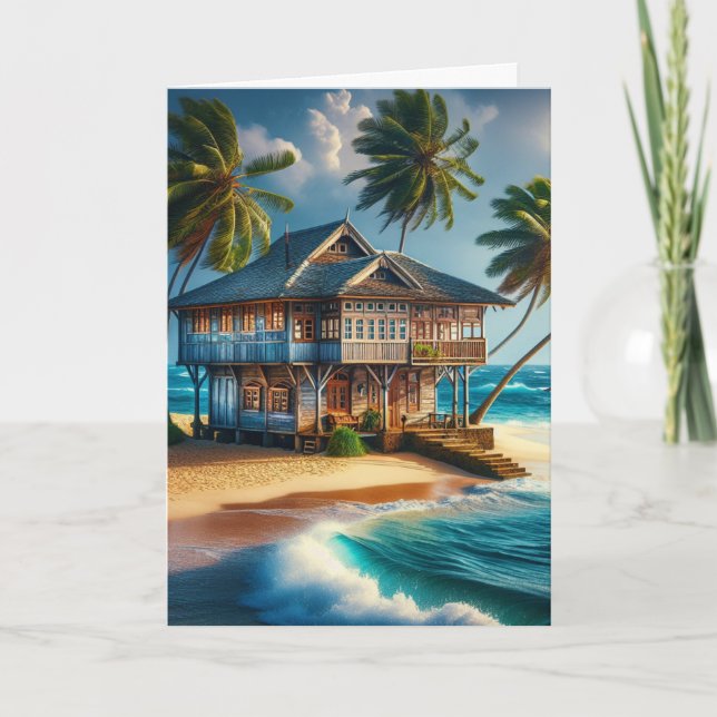 Tarjeta Bonito Log Cabin Beach House Feliz cumpleaños (Anverso)