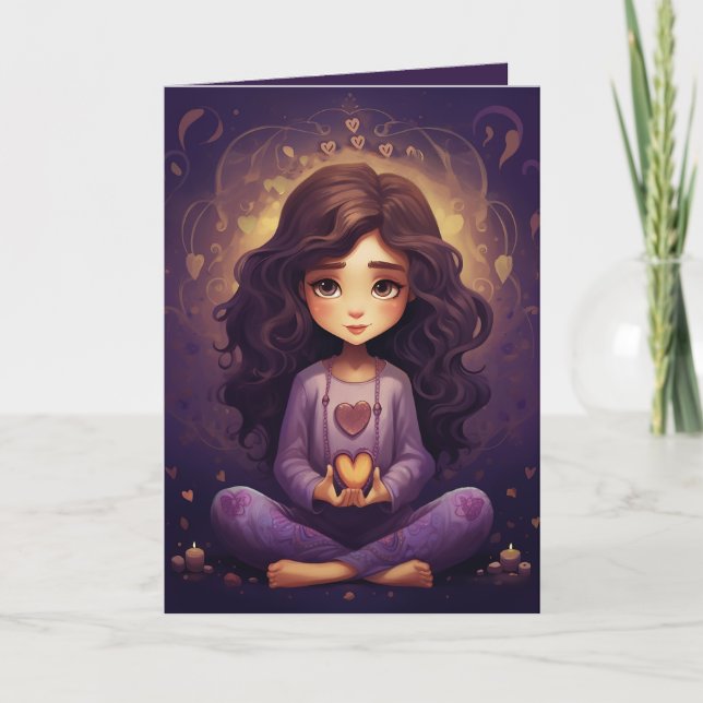 Tarjeta Bonito Meditando Chica de Yoga Corazones Púrpura C (Anverso)