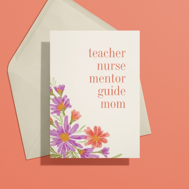 Tarjeta Bonito Morada Floral Mamá está todo el Día de la M (Mothers Day card "teacher, nurse, mentor, guide, mom ... you are everything to me")