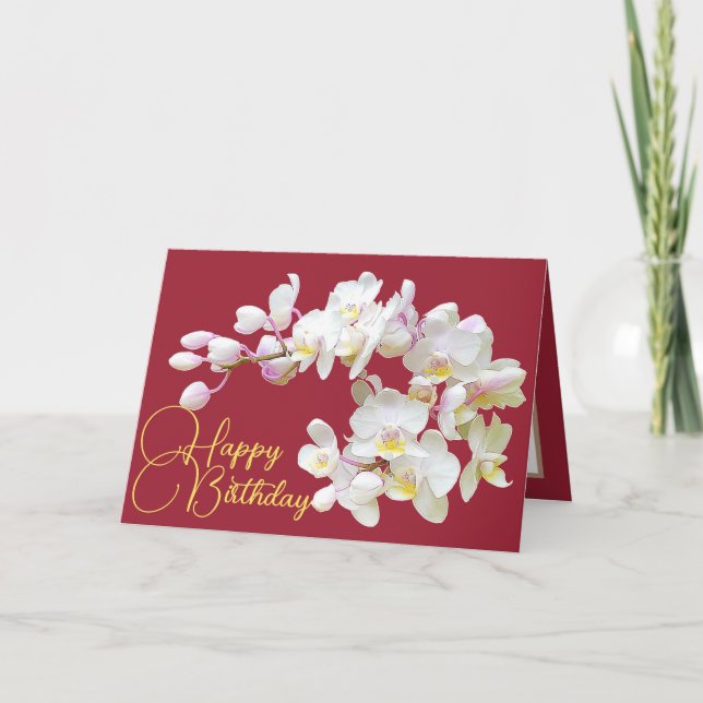 Tarjeta Bonito Orquídea Blanca Rojo Fondo Feliz Cumpleaños (Anverso)