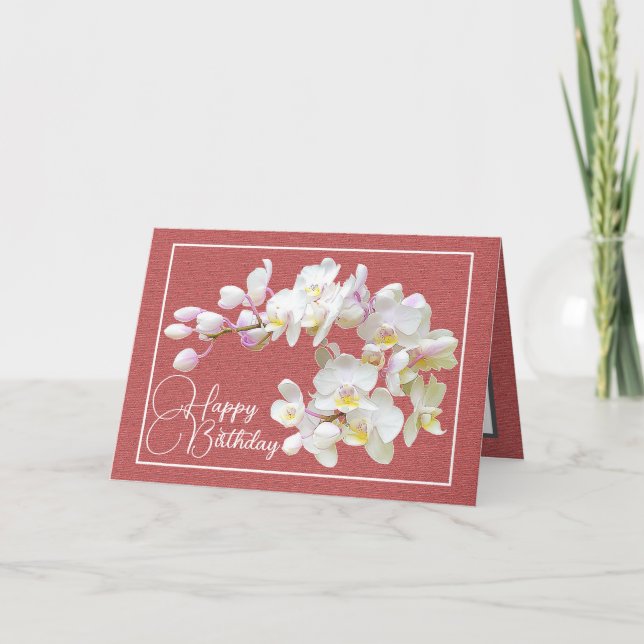 Tarjeta Bonito Orquídea Blanca Rojo Fondo Feliz Cumpleaños (Anverso)