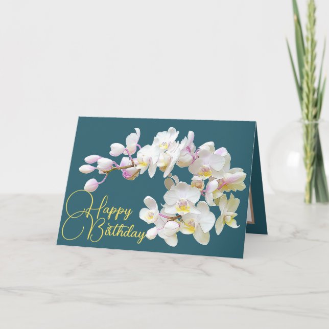 Tarjeta Bonito Orquídeas Blancas Aqua Backdrop Happy Birda (Anverso)