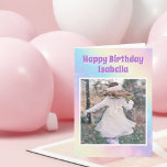 Tarjeta Bonito Pastel Personalizado arcoiris foto de Chica<br><div class="desc">Celebra a tu niñita con esta tarjeta de cumpleaños con arcoiris pastel que incluye hermosas letras moradas y la fotografía del personalizado de tu hijo. Añade la fotografía de tu hijo para darle un toque personal a esta tibia y caprichosa adición de fiesta.</div>