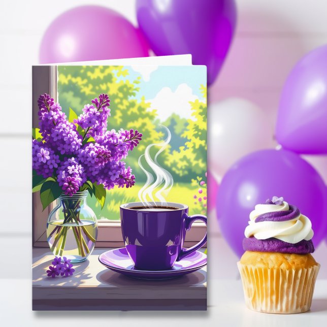 Tarjeta Bonito Purple Lilacs y Café Feliz cumpleaños a mam (Subido por el creador)