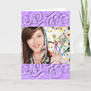 Tarjeta Bonito Púrpura Swirls Añade tu Fotos Cumpleaños