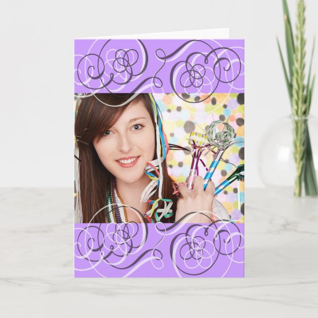 Tarjeta Bonito Púrpura Swirls Añadir tu cumpleaños de foto (Anverso)