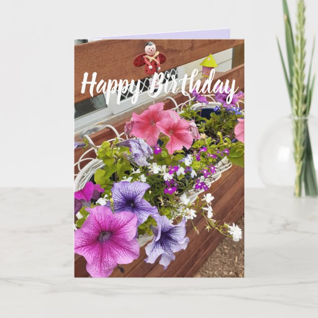 Tarjeta Bonito Púrpura y Pink Petunias Garden Cumpleaños (Anverso)