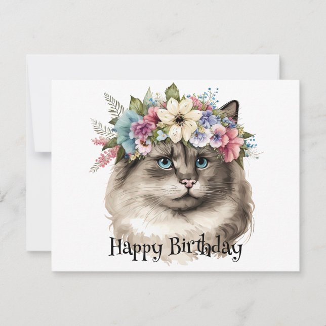 Tarjeta Bonito Ragdoll Cat Floral Cumpleaños Personalizado (Anverso)