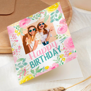 Tarjeta Bonito rosa verano floral feliz foto de cumpleaños