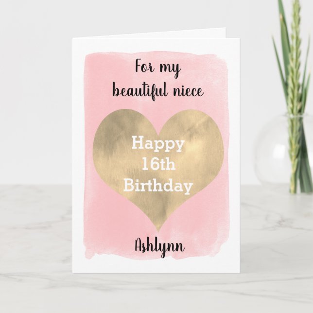 Tarjeta Bonito Rosa y Oro 16º cumpleaños (Anverso)
